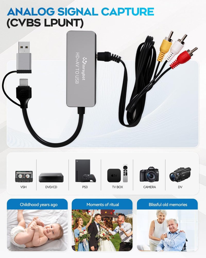 WinRaybot VHS to Digital Converter, RCA to USB Converter Analog to Digital Adapter for VHS/HI9, Video Capture Card for Laptop, HDMI for Video Streaming Convert RCA/S-Video/HDMI Input (USB-A+USB-C) - Image 3